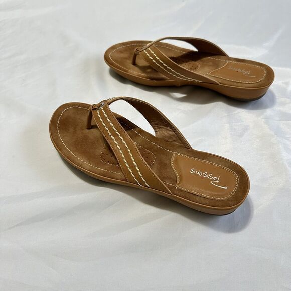 Passions Womens Size US 9 Tan Mustard Stitched  Comfort Low Heel Thong Sandals - Picture 5 of 8